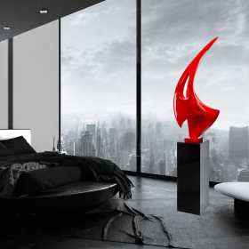 Red Sail Floor Sculpture With Black Stand, 70" Tall