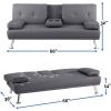 Modern Futon Sleep Sofa Bed Couch in Grey Faux Leather with Cup Holder