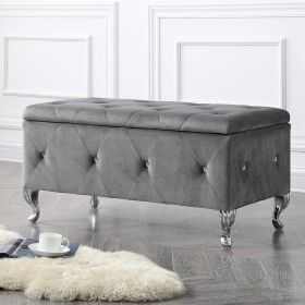 1pc Glam 38 Inches Storage Ottoman Bench for Upholstered Tufted Gray Velvet Polyester Organizer Bedroom Living Room Entryway Hallway