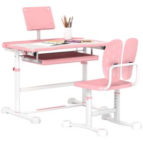 Qaba Kids Desk and Chair Set, Height Adjustable Kids School Study Desk and Chair Set with Tilt Desktop, Storage Drawer & Book Stand for Writing