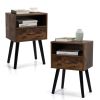 Set of 2 Mid Century Nightstand, Side Table with Drawer and Shelf, End Table for Living Room Bedroom, Rustic Brown