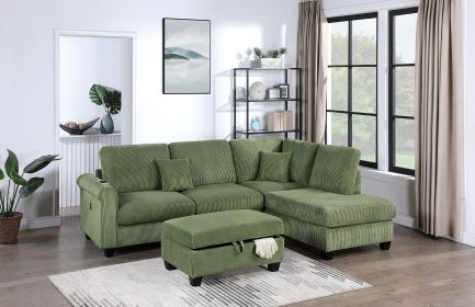 Gorgeous Sage Color 3pc Sectional Set Corduroy Upholstered LAF Sofa RAF Chaise Ottoman L-Sectional Living Room Furniture