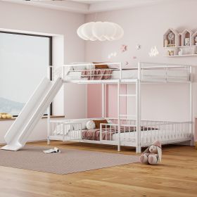 Full over Full Size Metal Bunk Bed with Slide and Guardrails, White