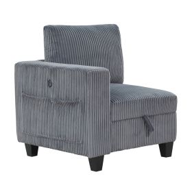 Modern Living Room Furniture 1pc Dark Gray Chair with One Arm, Storage Pouch and Charging Ports Corduroy Fabric Upholstery