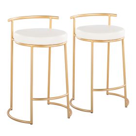 Round Fuji 26" Contemporary Fixed-Height Counter Stool in Gold Metal and White Faux Leather by LumiSource - Set of 2