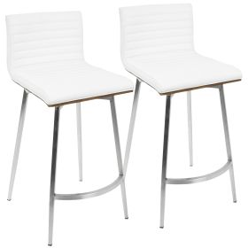 Mason Contemporary Swivel Counter Stool in Stainless Steel, Walnut Wood, and White Faux Leather by LumiSource - Set of 2