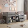 Grey Twin Loft Bed with Built-in Drawers and Bookshelf