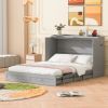 Full Size Murphy Bed Wall Bed with drawer and a set of Sockets & USB Ports, Pulley Structure Design, Gray