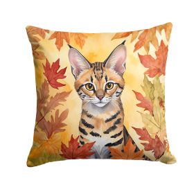 Savannah Cat in Fall Leaves Throw Pillow Machine Washable, Indoor Outdoor Decorative Pillow for Couch, Bed or Patio, 14Hx14W