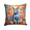 Russian Blue Cat in Fall Leaves Throw Pillow Machine Washable, Indoor Outdoor Decorative Pillow for Couch, Bed or Patio, 18Hx18W