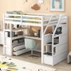 Twin Size Loft Bed with Desk and Shelves, Two Built-in Drawers, Storage Staircase, White