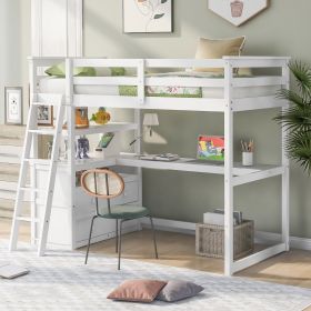 Twin Size Loft Bed with Desk and Shelves, Two Built-in Drawers, White (old SKU: GX000803AAK-1)