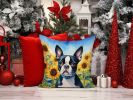 Boston Terrier in Sunflowers Throw Pillow Machine Washable, Indoor Outdoor Decorative Pillow for Couch, Bed or Patio, 14Hx14W