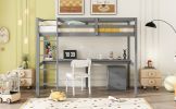 Twin Loft Wood Bed with Under-bed, Built-in Desk, a Storage Cabinet of 2 Drawers, Guardrails, Ladder,Grey