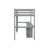 Twin Loft Wood Bed with Under-bed, Built-in Desk, a Storage Cabinet of 2 Drawers, Guardrails, Ladder,Grey