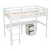 Twin Loft Wood Bed with Under-bed, Built-in Desk, a Storage Cabinet of 2 Drawers, Guardrails, Ladder,White