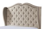 Modern Traditional Beige Upholstered Queen Bed Button-Tufted Wing Back Headboard Design Nailhead Trim Wooden Bedroom Furniture 1pc