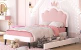 Twin Size Upholstered Princess Bed With Crown Headboard and 2 Drawers,Twin Size Platform Bed with Headboard and Footboard, Pink+White