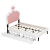 Twin Size Upholstered Princess Bed With Crown Headboard and 2 Drawers,Twin Size Platform Bed with Headboard and Footboard, Pink+White