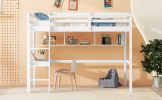 Twin Loft Bed with built-in desk and bookcase of three compartments, Guardrails and Ladder,White