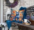 Russian Blue Cat in Fall Leaves Throw Pillow Machine Washable, Indoor Outdoor Decorative Pillow for Couch, Bed or Patio, 18Hx18W