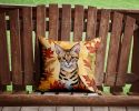 Savannah Cat in Fall Leaves Throw Pillow Machine Washable, Indoor Outdoor Decorative Pillow for Couch, Bed or Patio, 14Hx14W