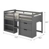 Grey Twin Loft Bed with Built-in Drawers and Bookshelf