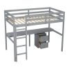 Twin Loft Wood Bed with Under-bed, Built-in Desk, a Storage Cabinet of 2 Drawers, Guardrails, Ladder,Grey