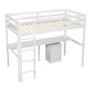 Twin Loft Wood Bed with Under-bed, Built-in Desk, a Storage Cabinet of 2 Drawers, Guardrails, Ladder,White