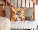 Savannah Cat in Fall Leaves Throw Pillow Machine Washable, Indoor Outdoor Decorative Pillow for Couch, Bed or Patio, 14Hx14W