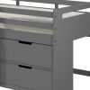 Grey Twin Loft Bed with Built-in Drawers and Bookshelf