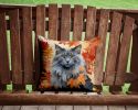 Nebelung Cat in Fall Leaves Throw Pillow Machine Washable, Indoor Outdoor Decorative Pillow for Couch, Bed or Patio, 14Hx14W