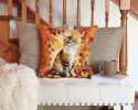 Cymric Cat in Fall Leaves Throw Pillow Machine Washable, Indoor Outdoor Decorative Pillow for Couch, Bed or Patio, 14Hx14W