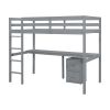 Twin Loft Wood Bed with Under-bed, Built-in Desk, a Storage Cabinet of 2 Drawers, Guardrails, Ladder,Grey