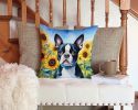 Boston Terrier in Sunflowers Throw Pillow Machine Washable, Indoor Outdoor Decorative Pillow for Couch, Bed or Patio, 14Hx14W