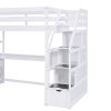 Twin Size Loft Bed with Desk and Shelves, Two Built-in Drawers, Storage Staircase, White