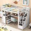 Twin Size Loft Bed with Desk and Shelves, Two Built-in Drawers, Storage Staircase, White