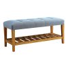 Light Blue and Oak Tufted Padded Seat Bench