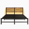 Queen Size Metal Bed Frame with Wooden Headboard, RGB Lights,Charger, Storage Shelf, Noise-Free, No Box Spring Needed,Rustic Brown