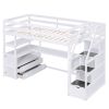 Twin Size Loft Bed with Desk and Shelves, Two Built-in Drawers, Storage Staircase, White