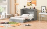 Full Size Murphy Bed Wall Bed with drawer and a set of Sockets & USB Ports, Pulley Structure Design, Gray