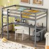 Twin Loft Wood Bed with Under-bed, Built-in Desk, a Storage Cabinet of 2 Drawers, Guardrails, Ladder,Grey