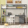 Twin Loft Wood Bed with Under-bed, Built-in Desk, a Storage Cabinet of 2 Drawers, Guardrails, Ladder,Grey