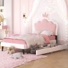 Twin Size Upholstered Princess Bed With Crown Headboard and 2 Drawers,Twin Size Platform Bed with Headboard and Footboard, Pink+White