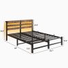 Queen Size Metal Bed Frame with Wooden Headboard, RGB Lights,Charger, Storage Shelf, Noise-Free, No Box Spring Needed,Rustic Brown