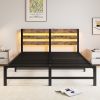 Queen Size Metal Bed Frame with Wooden Headboard, RGB Lights,Charger, Storage Shelf, Noise-Free, No Box Spring Needed,Rustic Brown