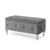 1pc Glam 38 Inches Storage Ottoman Bench for Upholstered Tufted Gray Velvet Polyester Organizer Bedroom Living Room Entryway Hallway