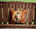 Cymric Cat in Fall Leaves Throw Pillow Machine Washable, Indoor Outdoor Decorative Pillow for Couch, Bed or Patio, 14Hx14W