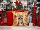 Savannah Cat in Fall Leaves Throw Pillow Machine Washable, Indoor Outdoor Decorative Pillow for Couch, Bed or Patio, 14Hx14W