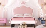 Twin Size Upholstered Princess Bed With Crown Headboard and 2 Drawers,Twin Size Platform Bed with Headboard and Footboard, Pink+White